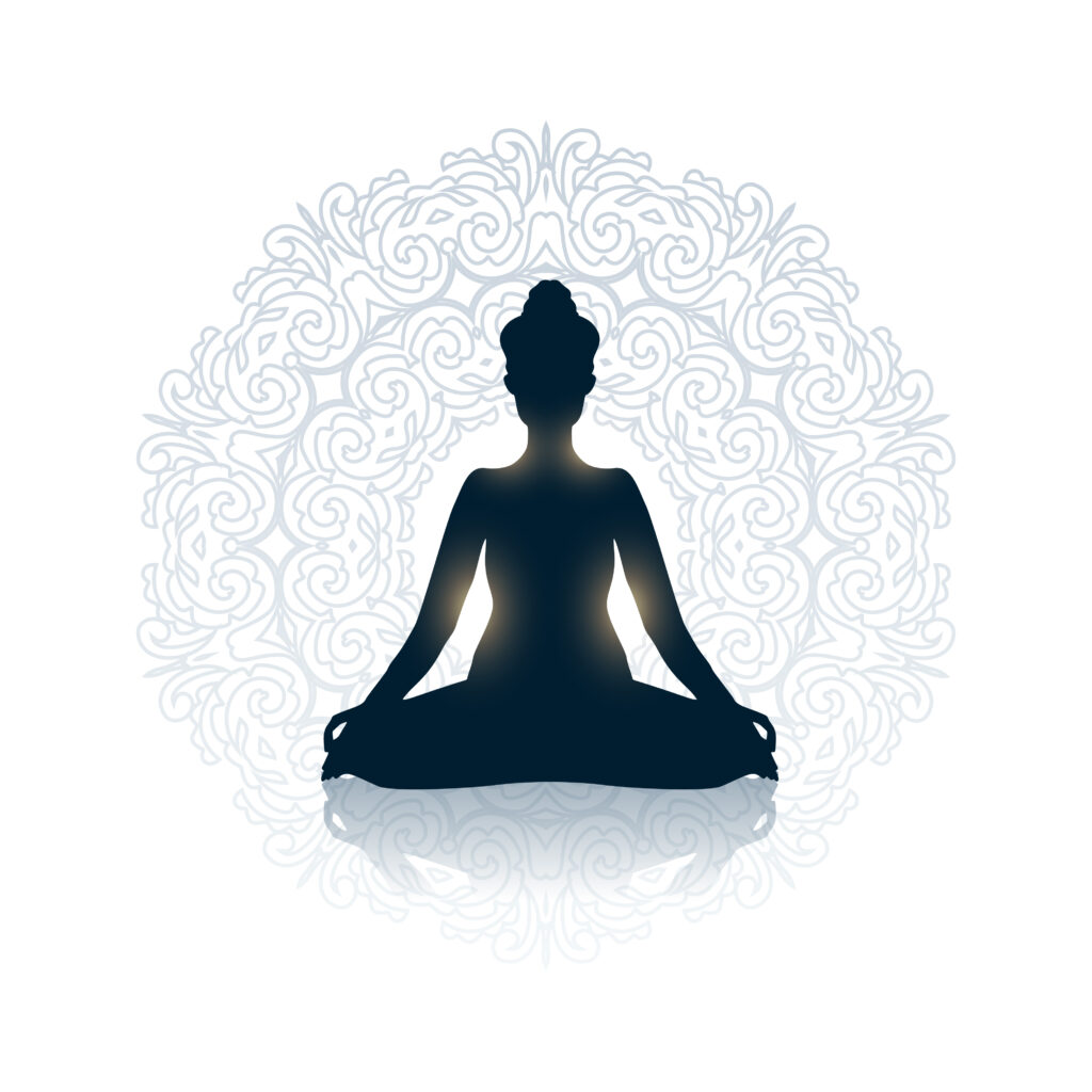 female doing yoga meditation mandala background